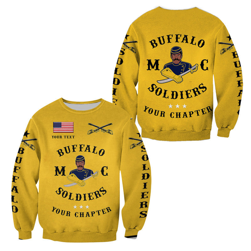 Gold unisex sweatshirt with Buffalo Soldiers logo, swords graphic, side sleeve text.