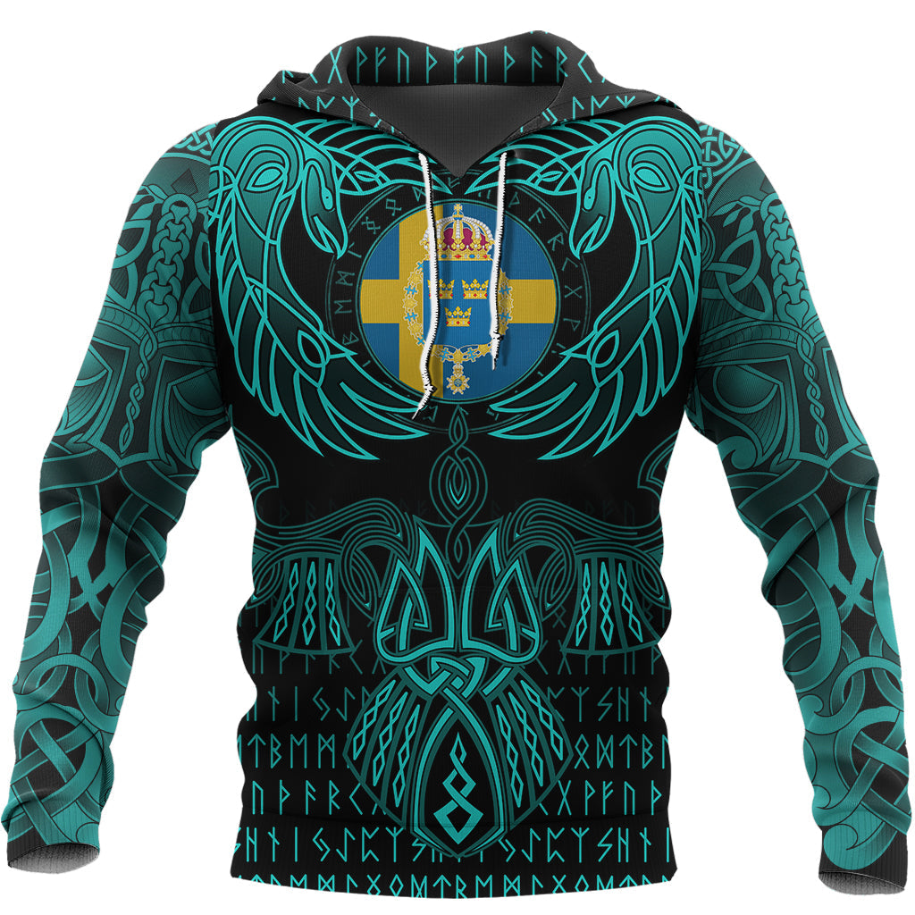 Viking Sweden Hoodie Valknut of Odin Cyan RLT12 - Wonder Print Shop