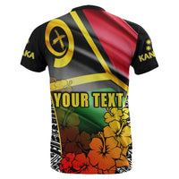 Black Kanaka T-shirt back print with large yellow YOUR TEXT over floral hibiscus pattern
