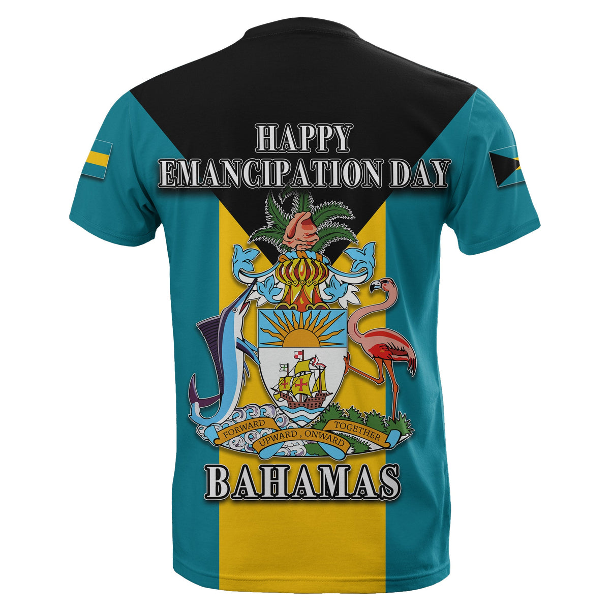 Teal T-shirt back with 'HAPPY EMANCIPATION DAY' text and Bahamas crest graphic