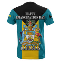 Teal T-shirt back with 'HAPPY EMANCIPATION DAY' text and Bahamas crest graphic