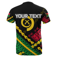 Back of black T-shirt with "YOUR TEXT" and Vanuatu tree emblem, plus patterned sleeves
