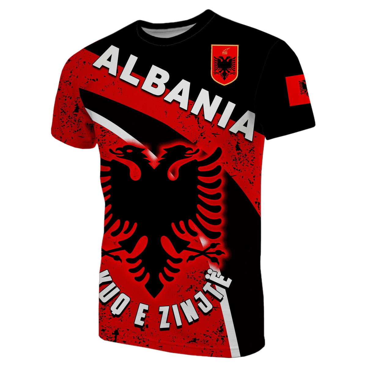 Albania football T-shirt, black/red with ALBANIA text, eagle crest and Kuq e ZINJT