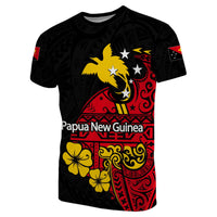 Black T-shirt with Papua New Guinea red tribal graphic, yellow bird and flowers