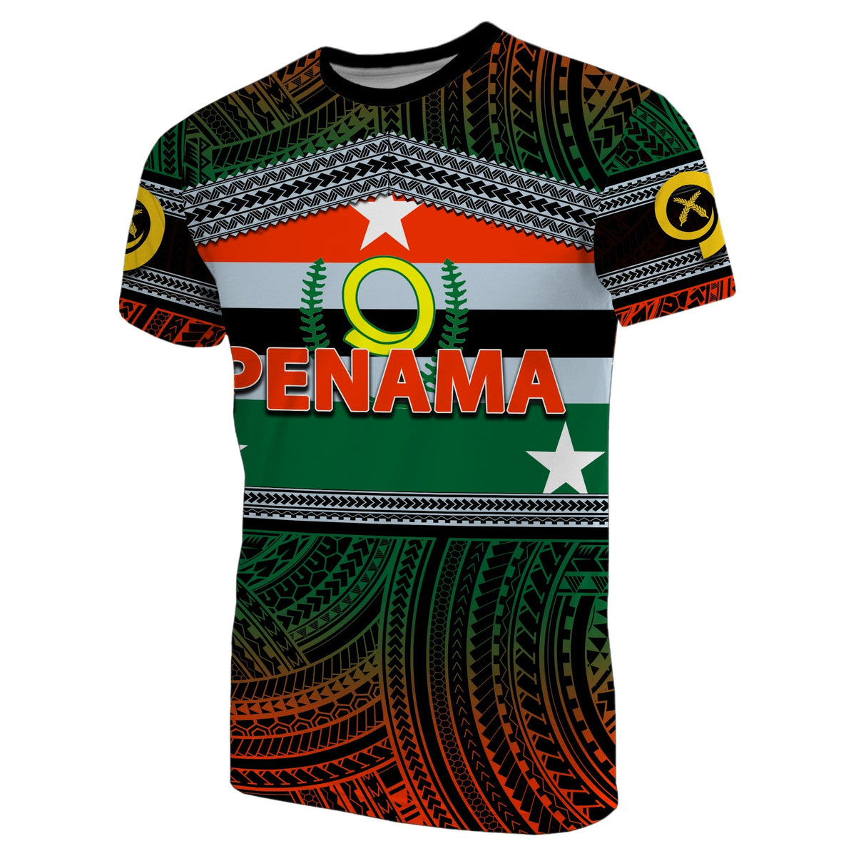 Penama-Province T-Shirt mit polynesischen Mustern, grün-rot, Schriftzug ENAMA