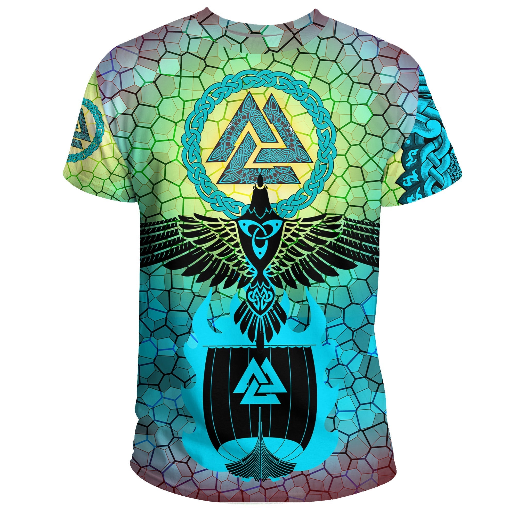 viking-t-shirt-raven-of-odin-and-drakkar-on-fire-on-vignette-cyan-valknut