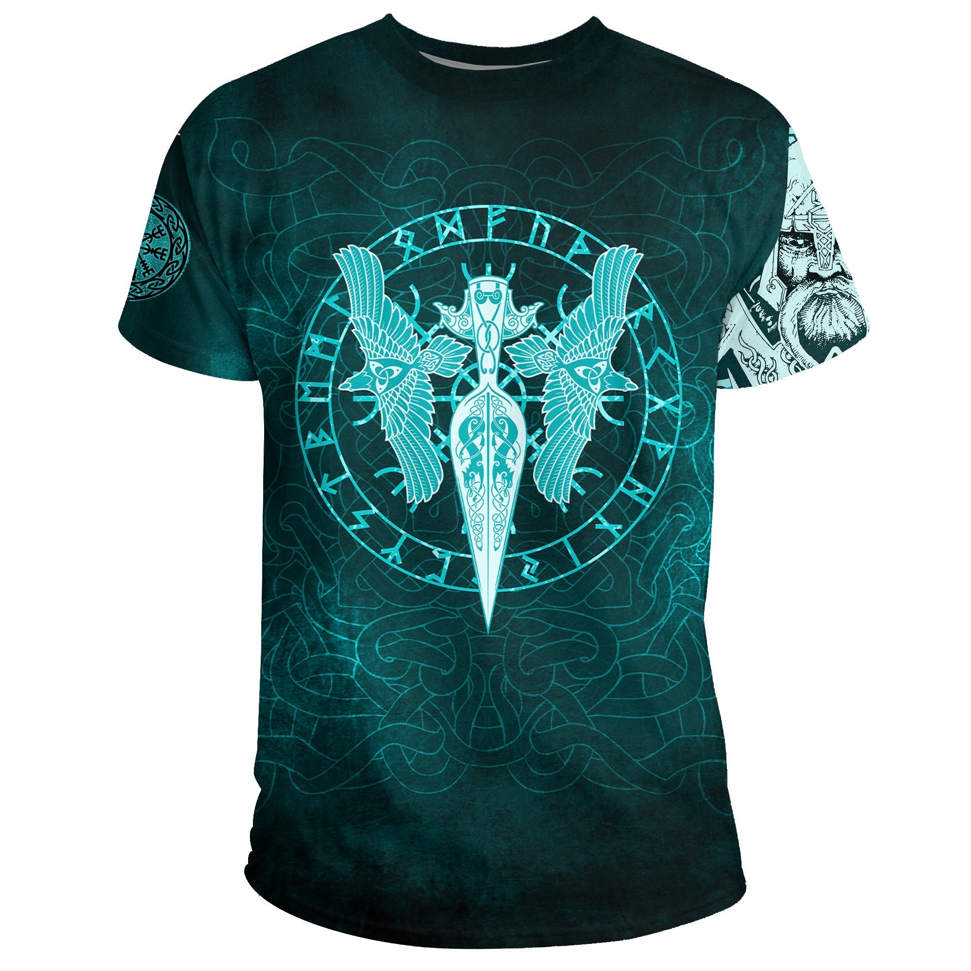 Viking T Shirt Cyan Spear Of The God Odin Gungnir and Two Cyan Ravens Style RLT12 - Wonder Print Shop