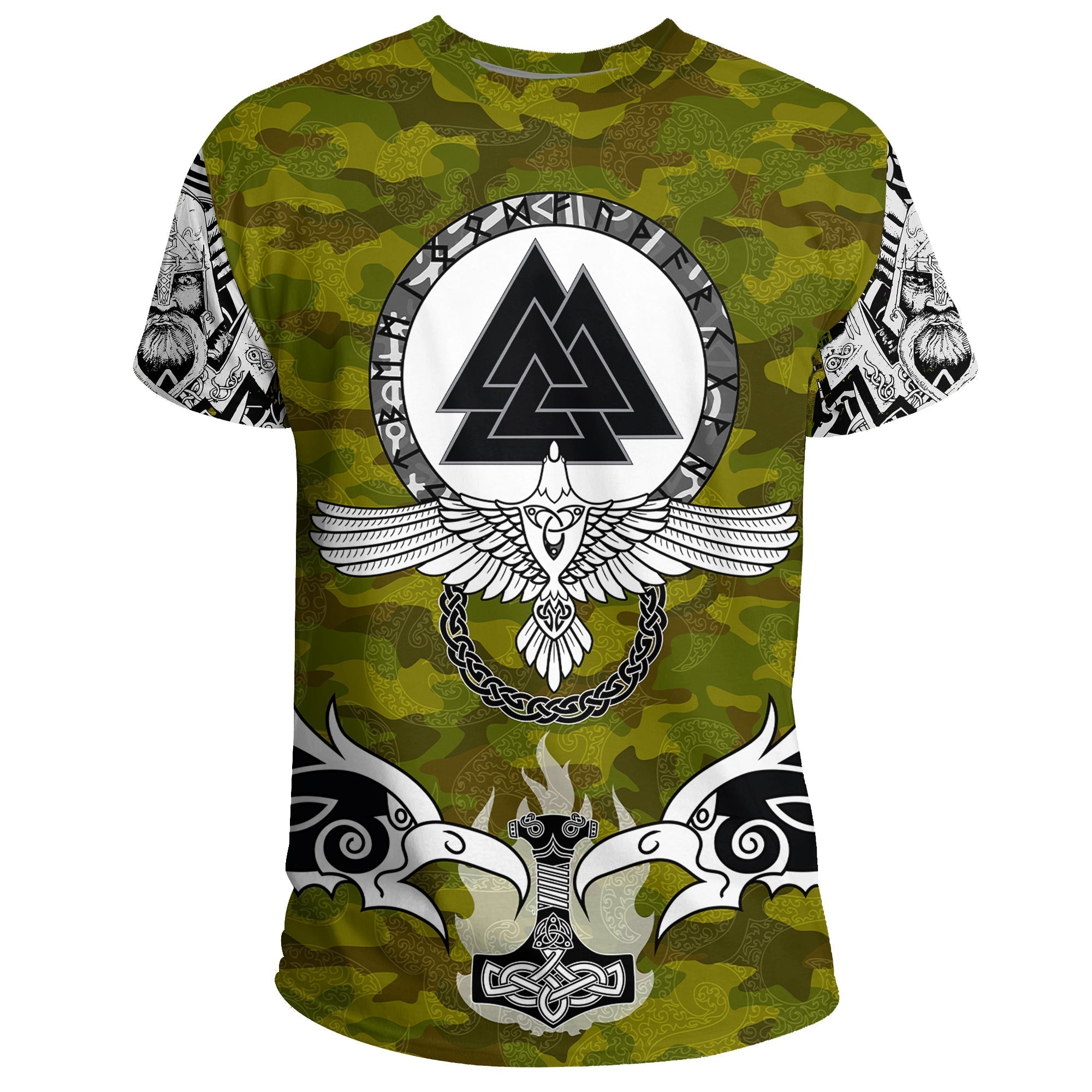 Viking T Shirt Raven Of Odin and Symbol Viking On Camo Background RLT12 - Wonder Print Shop