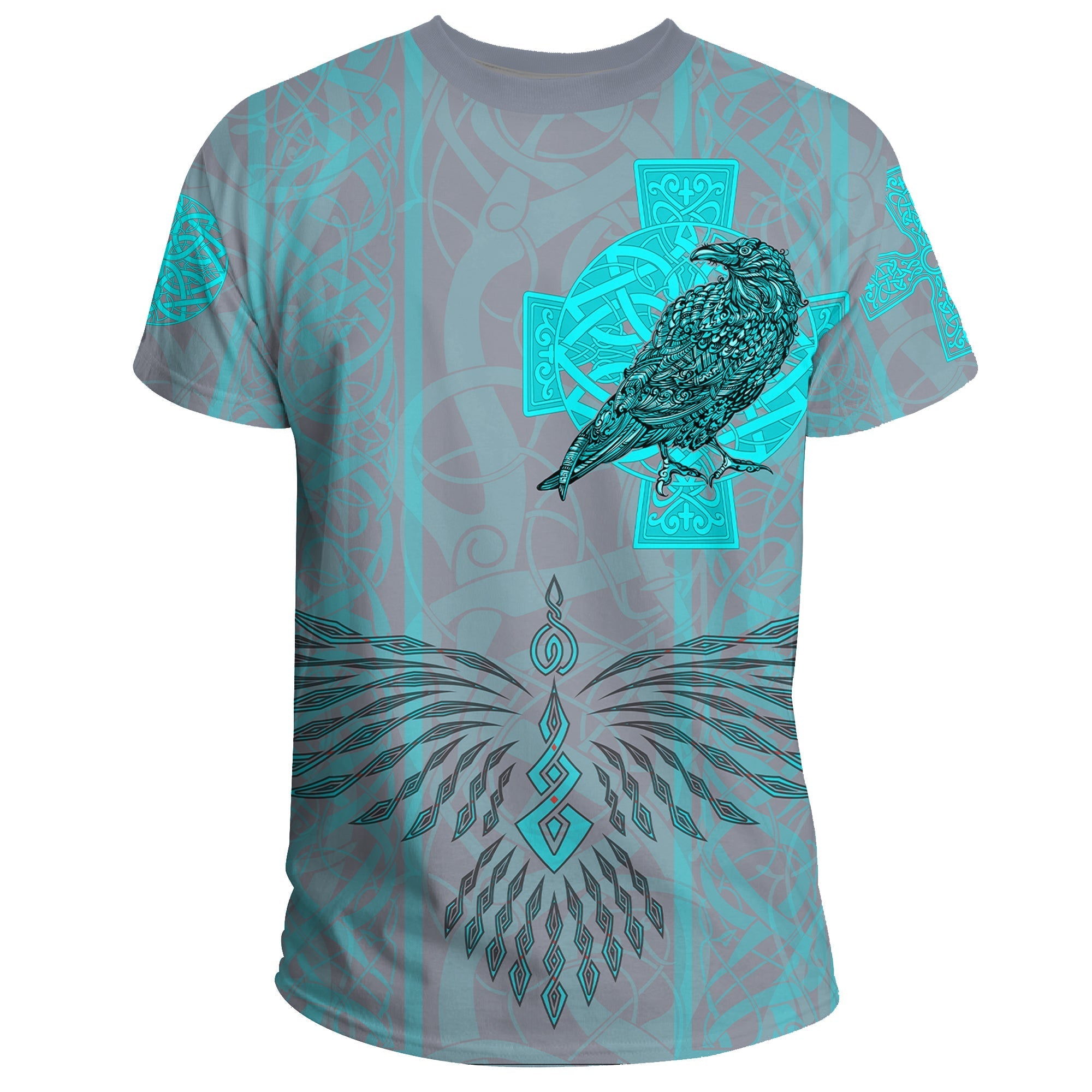 Viking T Shirt Odin's Celtic Raven Scandinavian Tattoo Style Cyan RLT12 - Wonder Print Shop