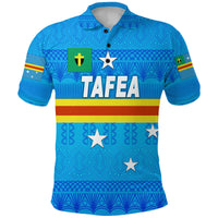 Blue polo front with collar and button placket, TAFEA graphic, stars, stripes.