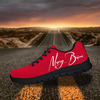 Haiti flag sneakers with "Mary Barcus" signature, red upper, black sole, lace-up