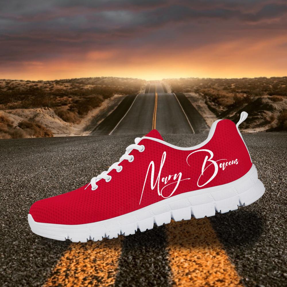 Haiti flag sneakers with name signature "Mary Barcus", red upper, white sole, lace-up