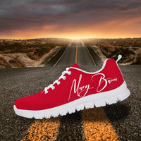 Haiti flag sneakers with name signature "Mary Barcus", red upper, white sole, lace-up