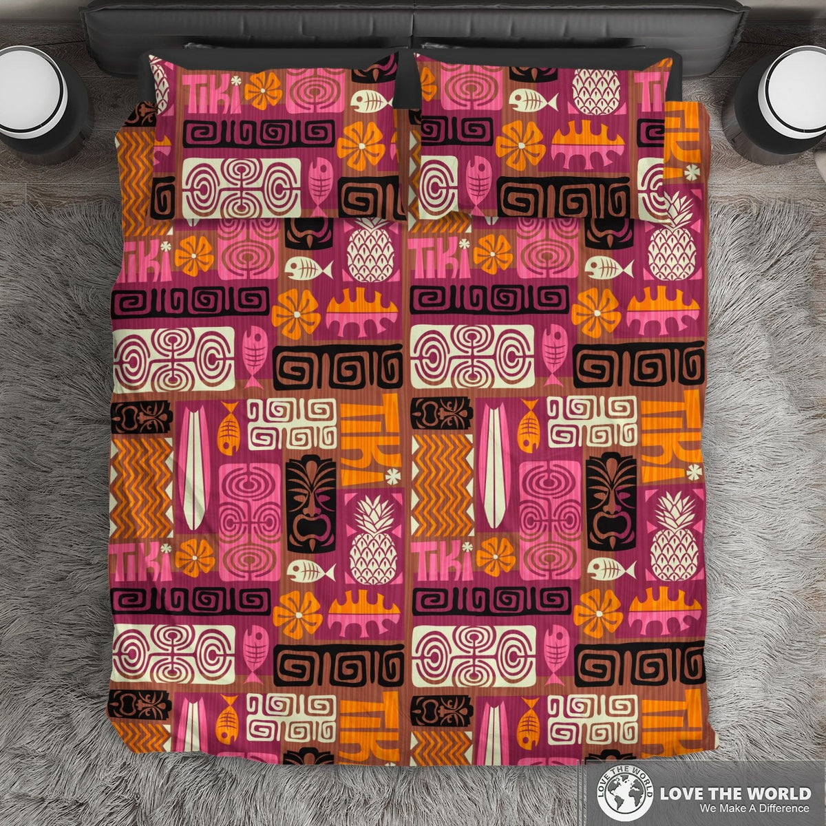 Hawaii tiki bedding set, colorful geometric and tiki icons in purple and orange