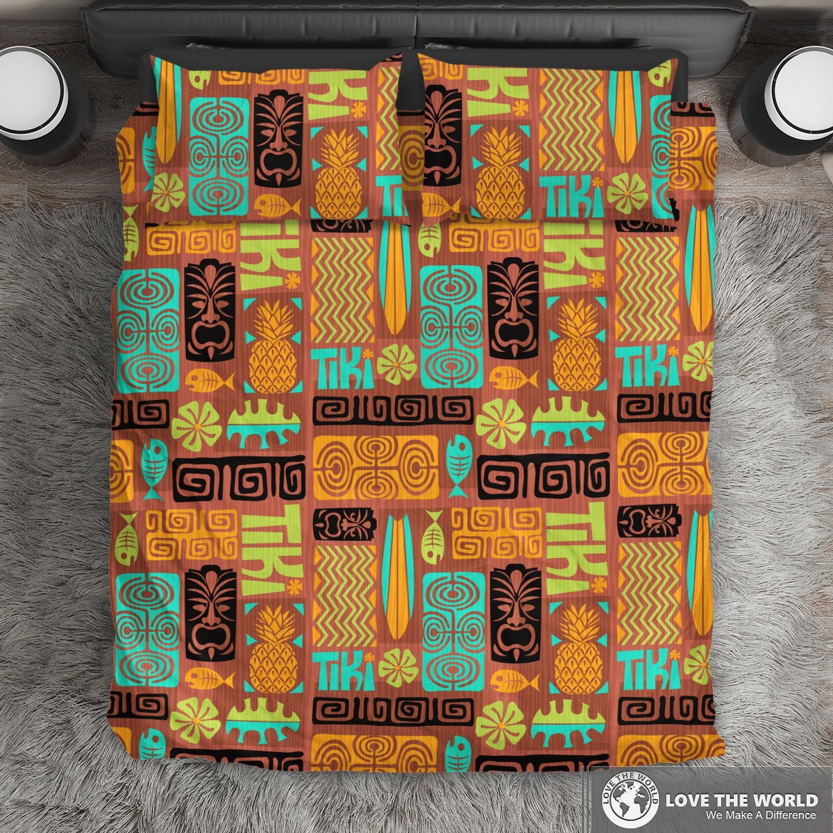 Multicolor tiki pattern bedding set on bed with pillows, pineapple and tiki icons