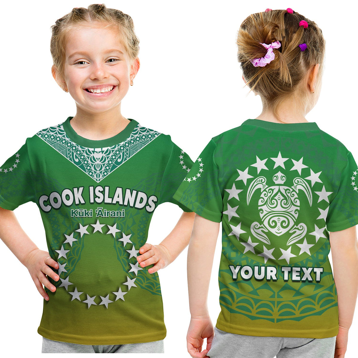 Kids green T-shirt with front circular star and turtle graphic