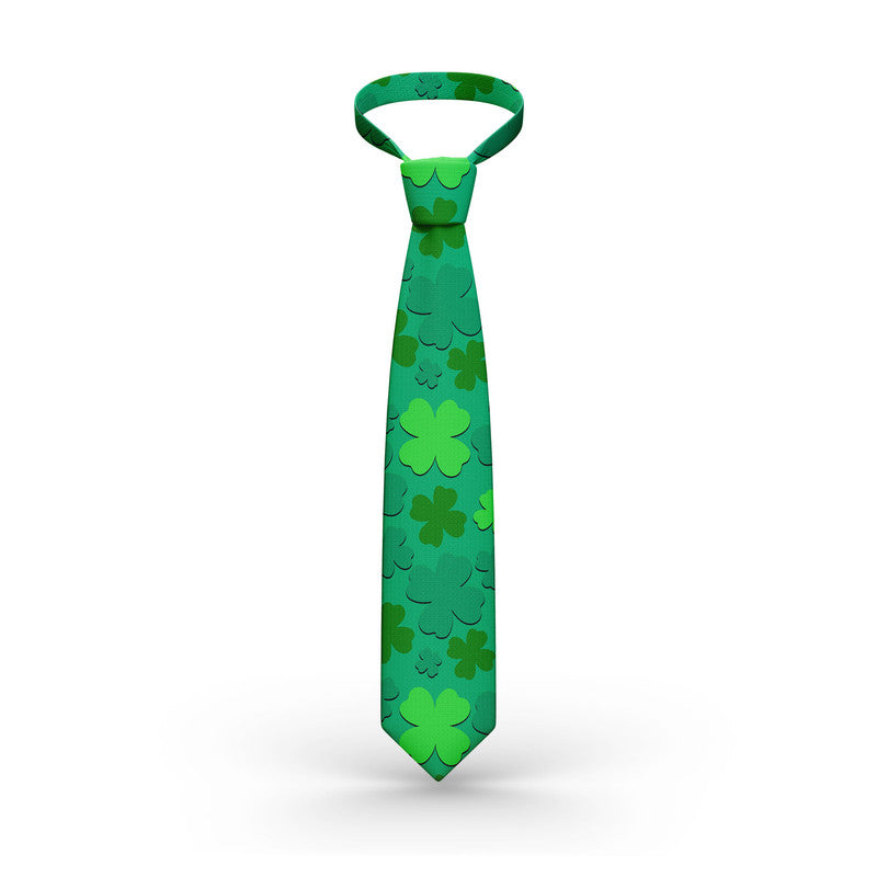 Green shamrock necktie with repeating clover pattern