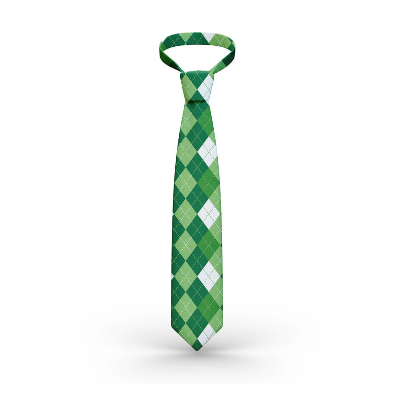 Green argyle necktie with white diamond pattern