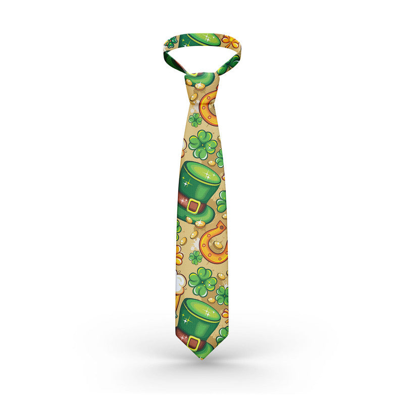 Green novelty necktie with shamrocks, coins, and horseshoe icons pattern