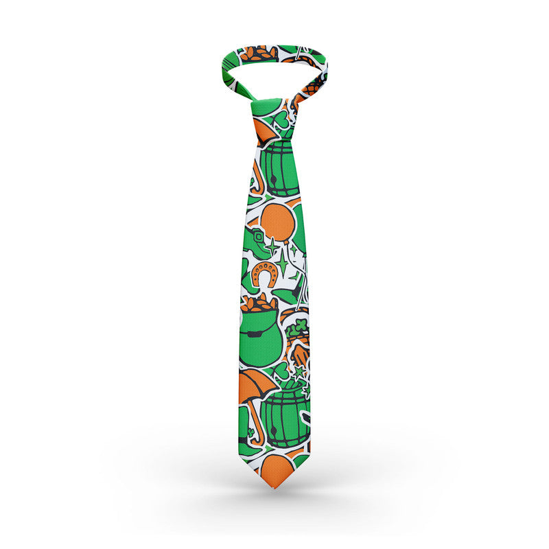 Green necktie with playful shamrock and pot-of-gold pattern