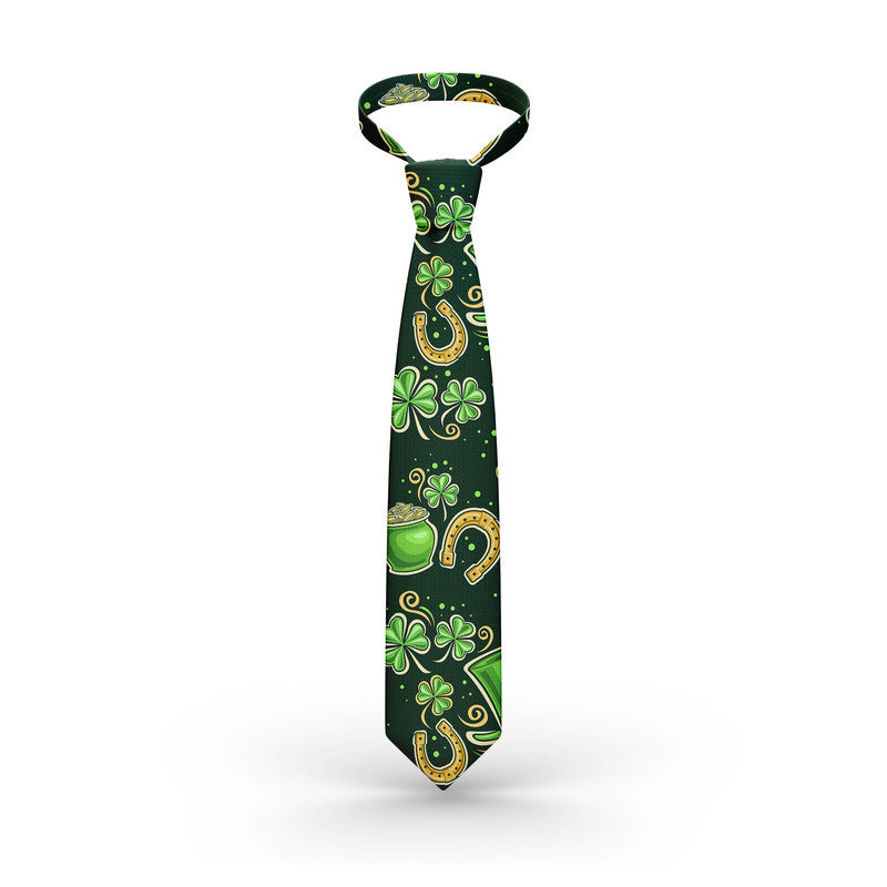 Green necktie with clover, horseshoe, and swirls pattern