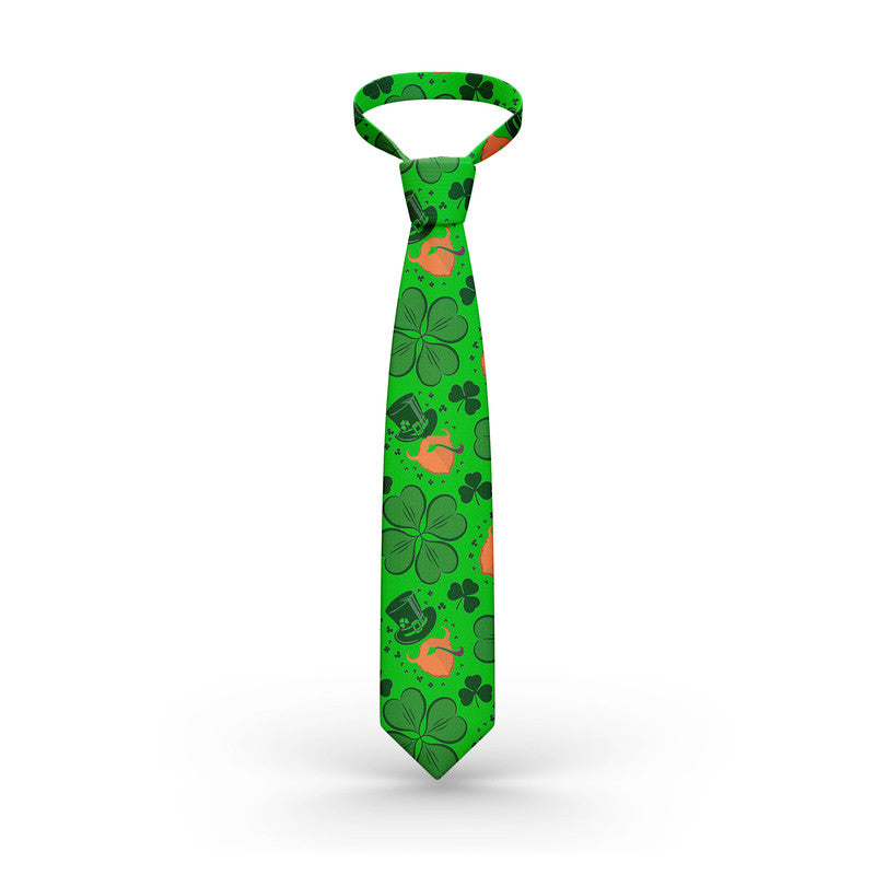 Green shamrock print necktie with leprechaun icons