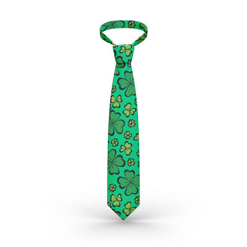 Green shamrock print necktie with scattered four-leaf clover pattern