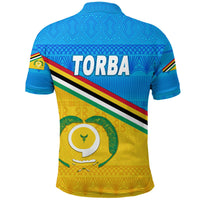 Blue Torba polo shirt back view with large TORBA text, striped band and crest
