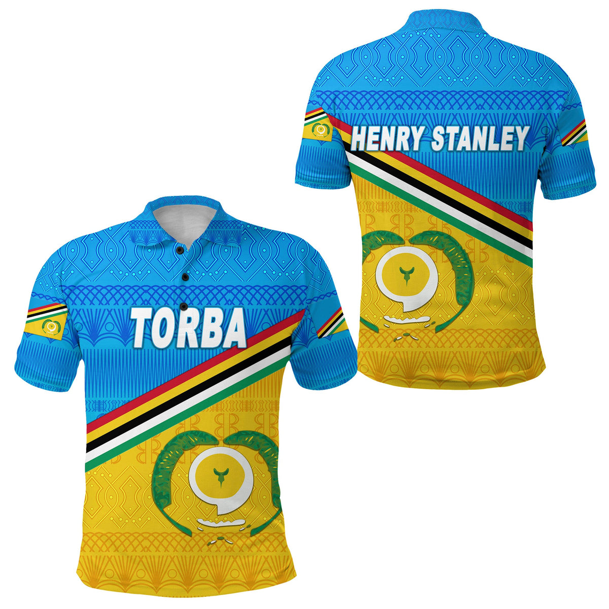 Blue polo shirt with blue-and-yellow Torba graphic, stripes, and short sleeves