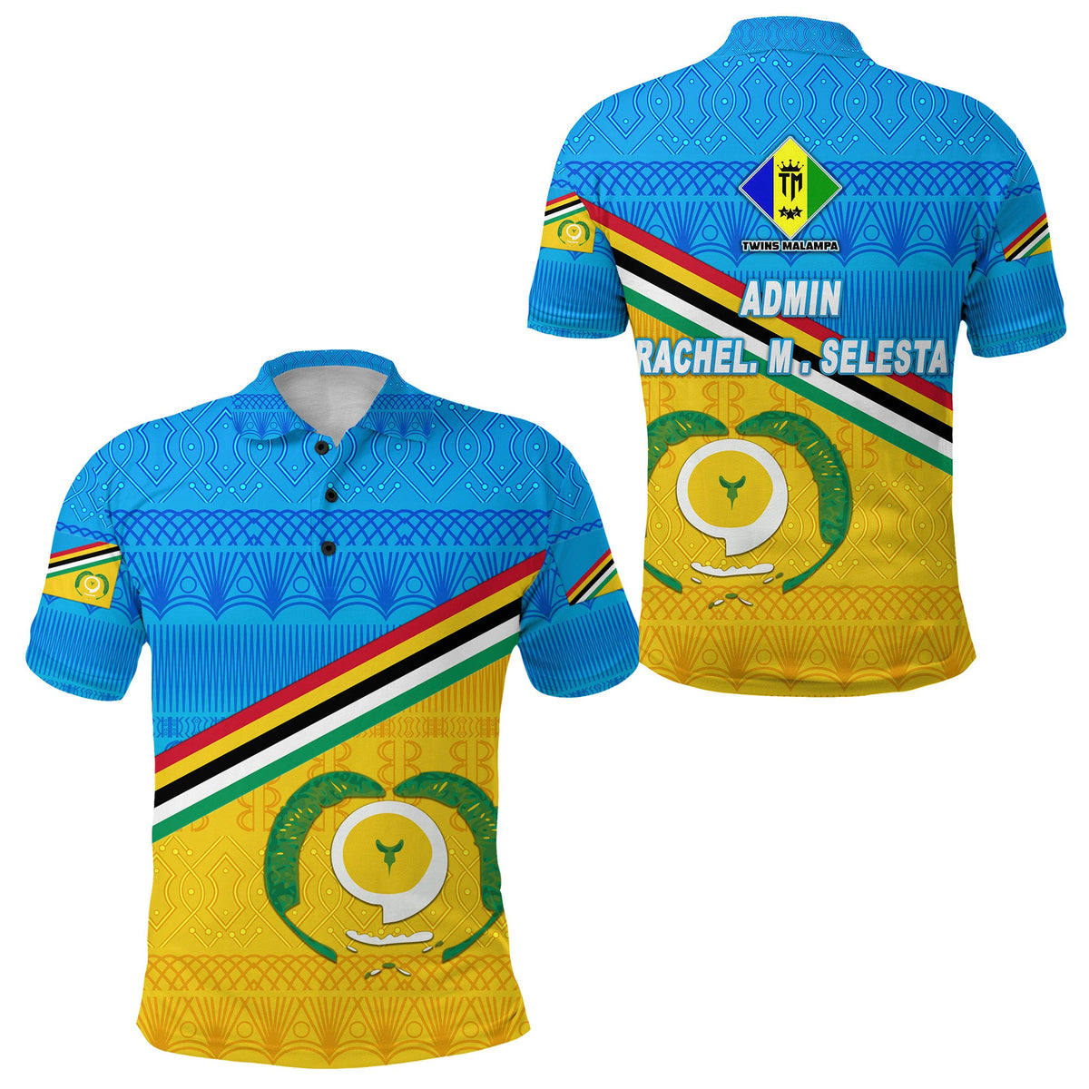Traditional polo shirt, blue and gold with Vanuatu-style pattern and multicolor stripes.