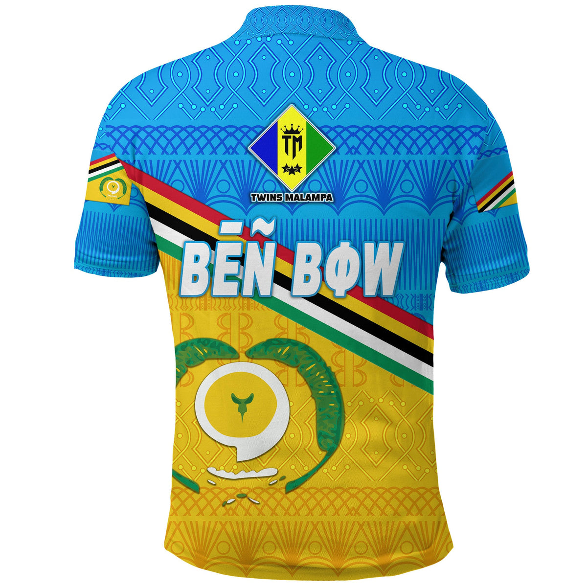 Blue and gold patterned polo shirt with colorful stripes, short sleeves, button collar