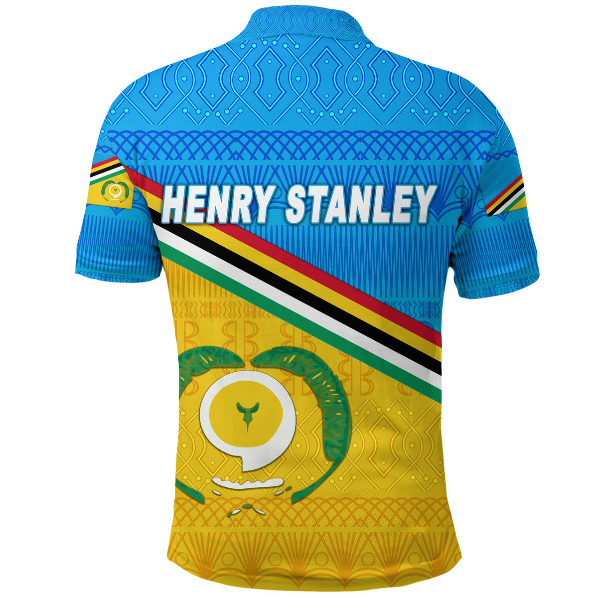 Blue polo shirt with back HENRY STANLEY logo, striped bands, and yellow motif