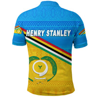 Blue polo shirt with back HENRY STANLEY logo, striped bands, and yellow motif