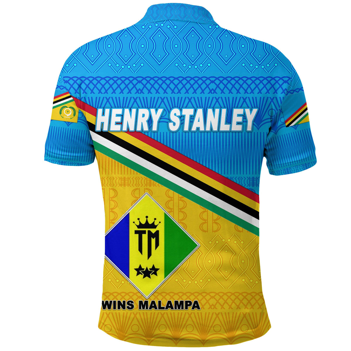 Blue polo shirt with geometric yoke, multicolor diagonal stripe, crest logo