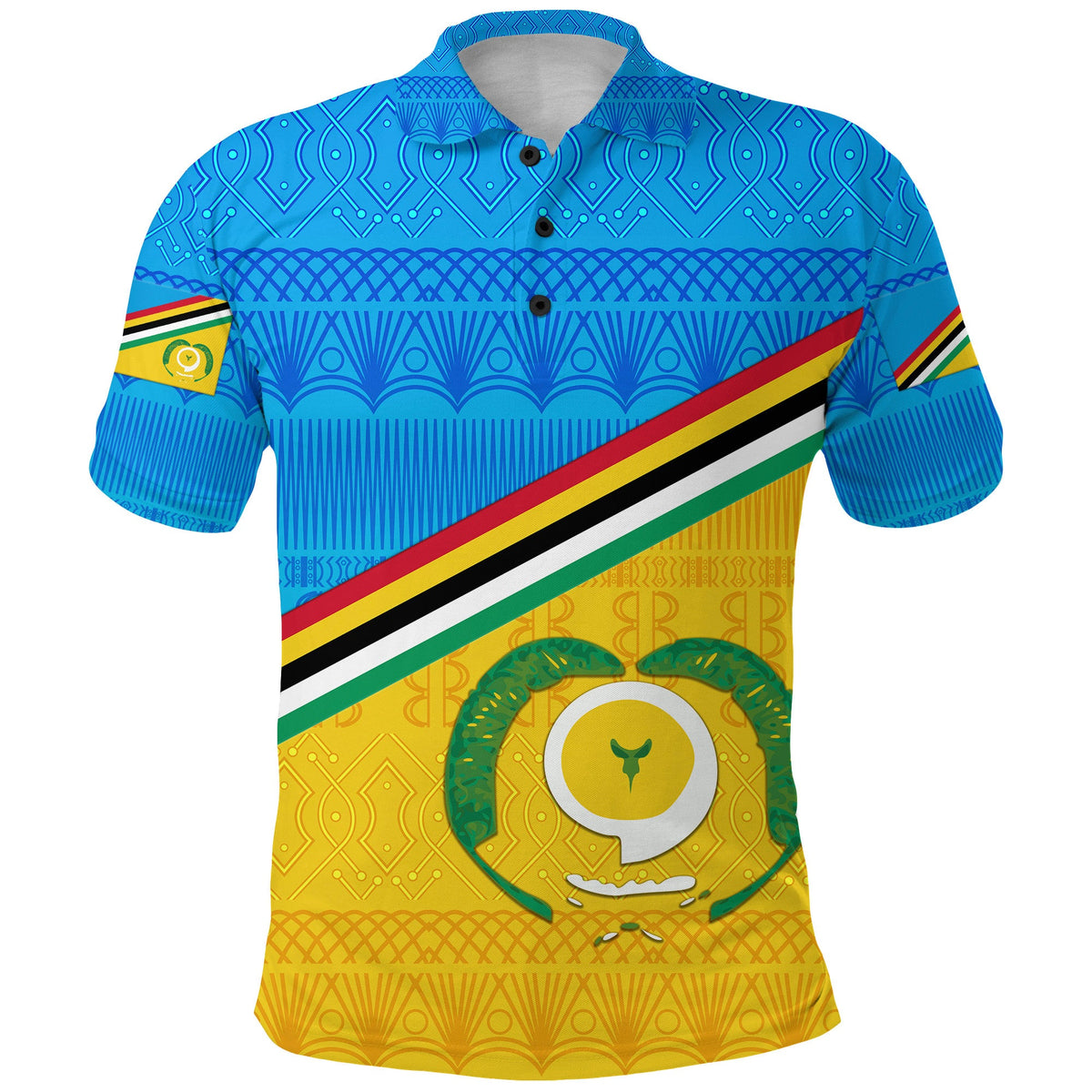 Blue front polo shirt with Vanuatu-style geometric print, diagonal stripe, and chest emblem
