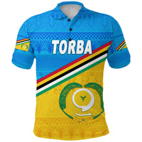 Blue Torba polo shirt front view with button collar, striped band and crest logo