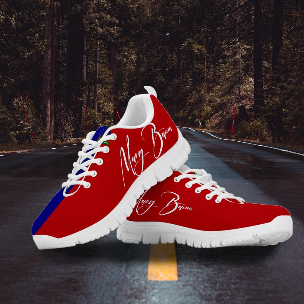 Haiti flag sneakers, red upper with blue accents, "Mary Barcus" script, white sole