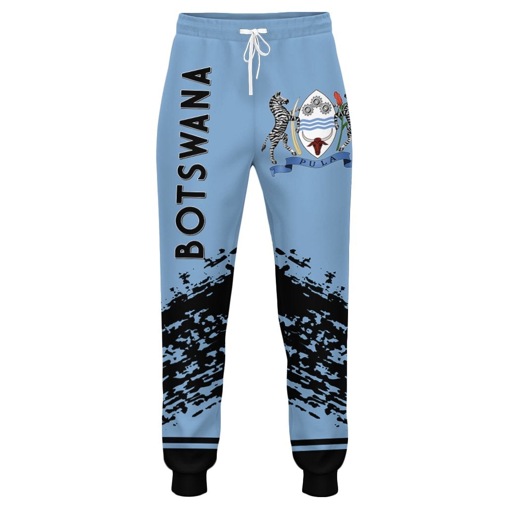 Light blue jogger pants: drawstring waist, Botswana text, zebra graphic, black splatter cuffs