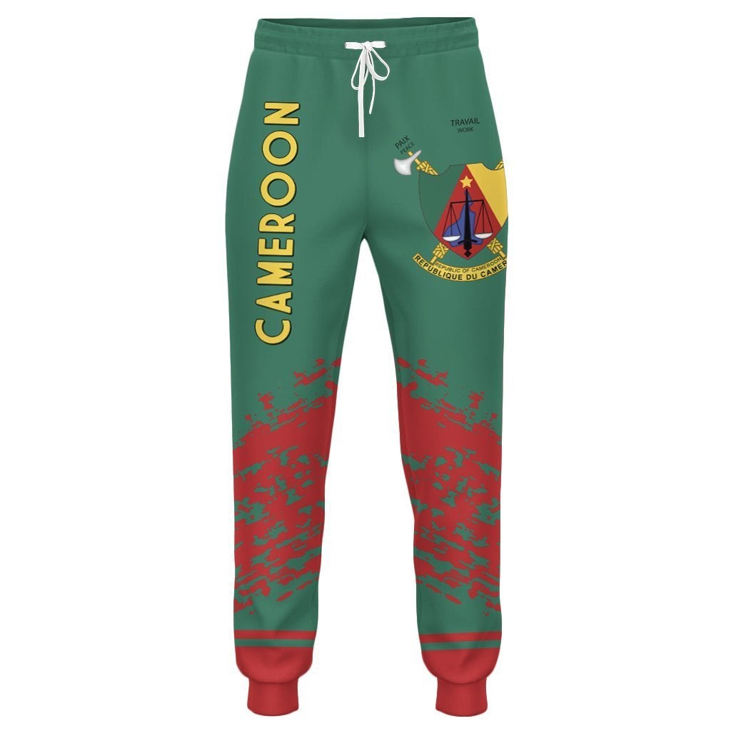 Green jogger pants, white drawstring, red cuffs, yellow crest front graphic