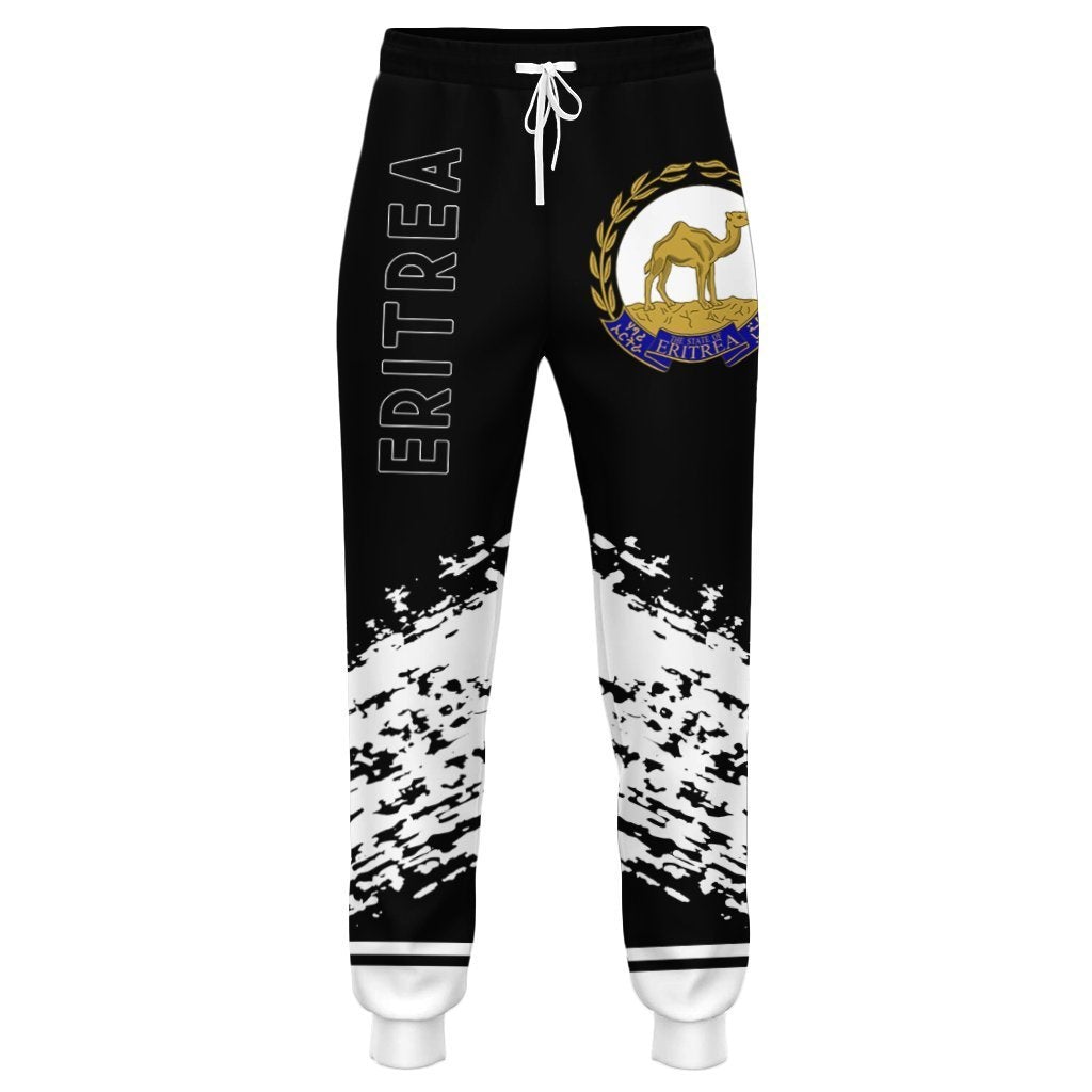 Black jogger pants with drawstring, Eritrea emblem, and white speckle lower legs