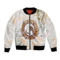 White bomber jacket with black ribbed trim, front zipper, floral baby-themed graphic