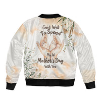 White bomber jacket with black ribbed hem and cuffs, back quote and hands graphic
