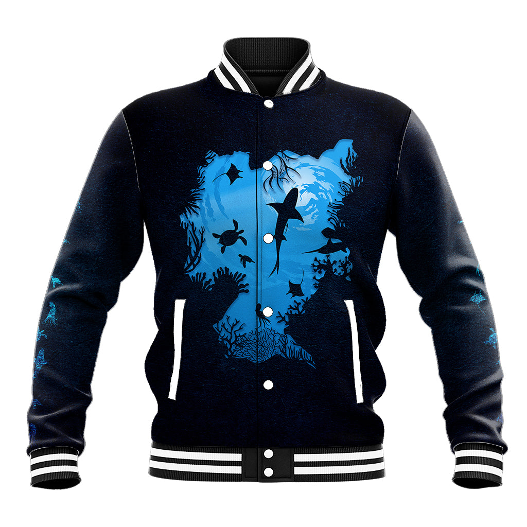 Black baseball jacket with blue sea life graphic, snap front and striped ribbed collar