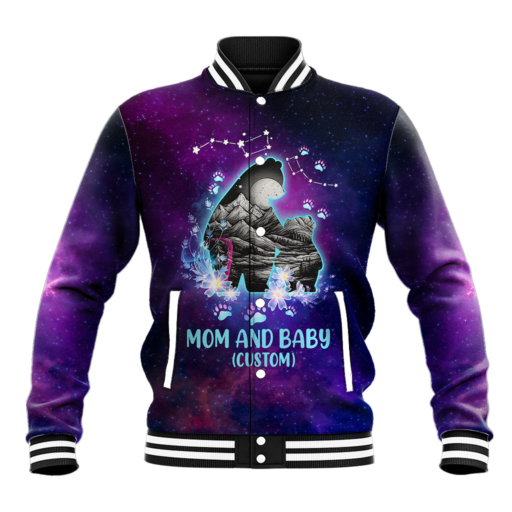 Galaxy baseball jacket with purple/blue print, ribbed varsity collar and striped cuffs