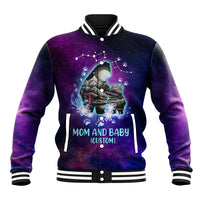 Galaxy baseball jacket with purple/blue print, ribbed varsity collar and striped cuffs