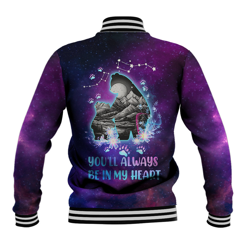 Back galaxy baseball jacket with constellation heart print, ribbed cuffs and hem stripes