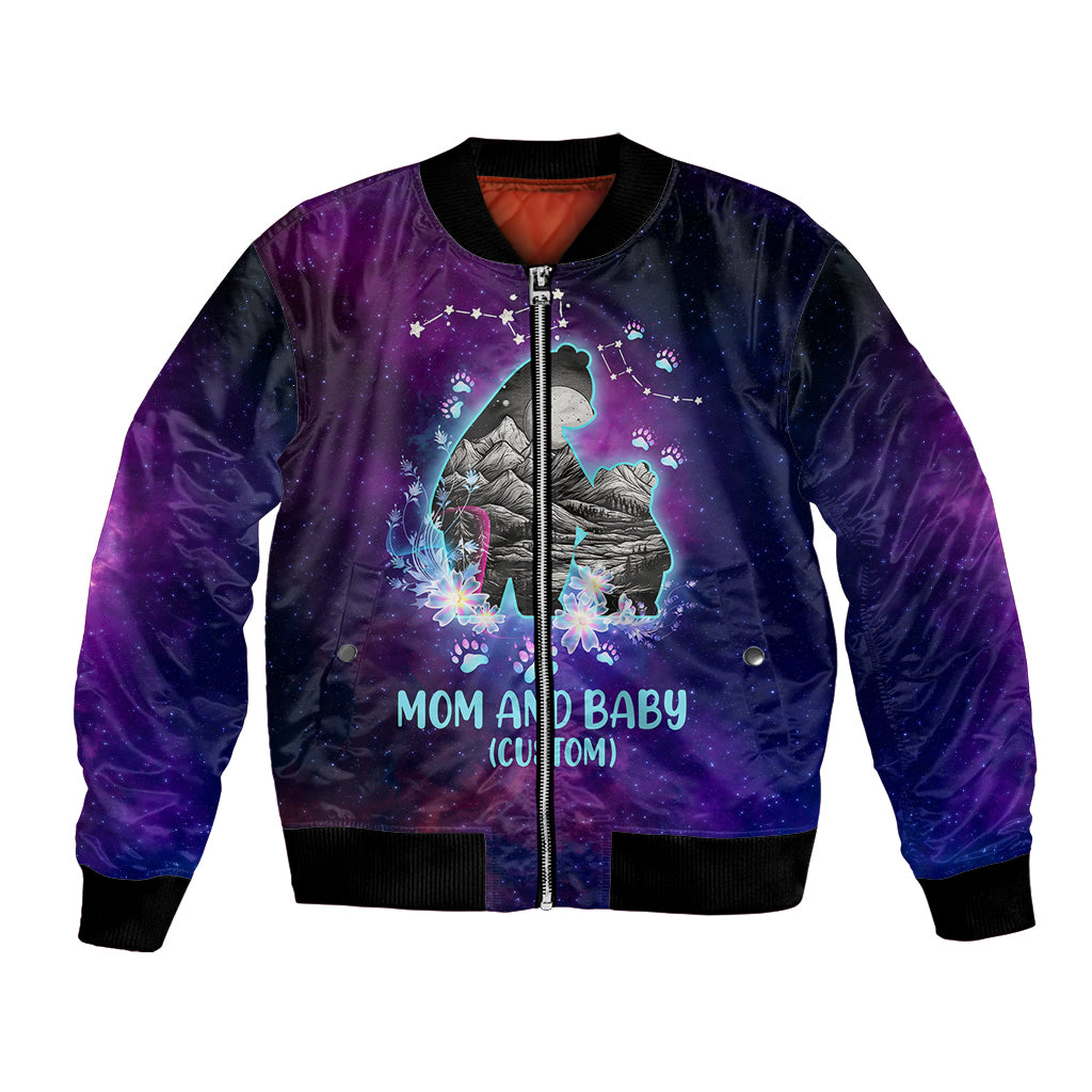 Purple bomber jacket with full zip and star constellation “MOM AND BABY” print
