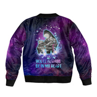 Purple bomber jacket with back silhouette graphic and “YOU'LL ALWAYS BE IN MY HEART”