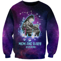 Purple galaxy sweatshirt with cat silhouette, paw prints, flowers, and MOM AND BABY