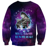 Purple galaxy sweatshirt with cat silhouette, paw prints, flowers, and YOU'LL ALWAYS BE IN MY HEART